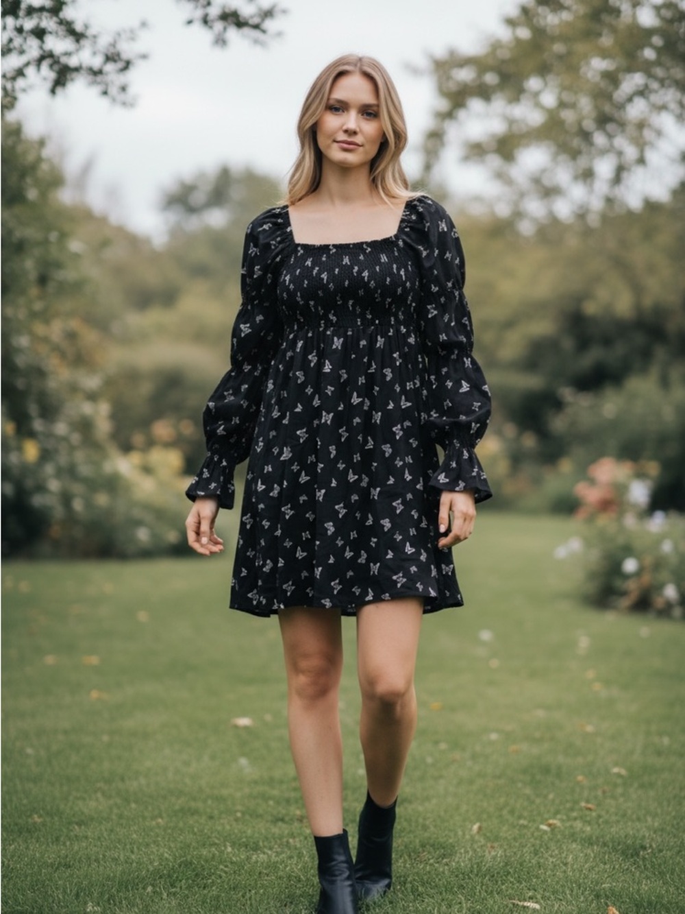 wild fable Black Square-Neck Smocked Mini Dress with White Floral Printthing